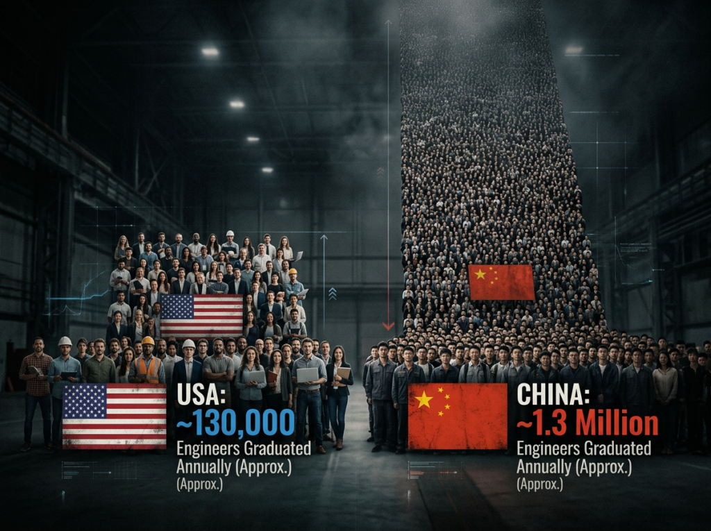 Two columns of people side by side, a small group under a US flag representing 130,000 engineers versus a massive towering crowd under a China flag representing 1.3 million engineers, visualizing the engineering talent gap