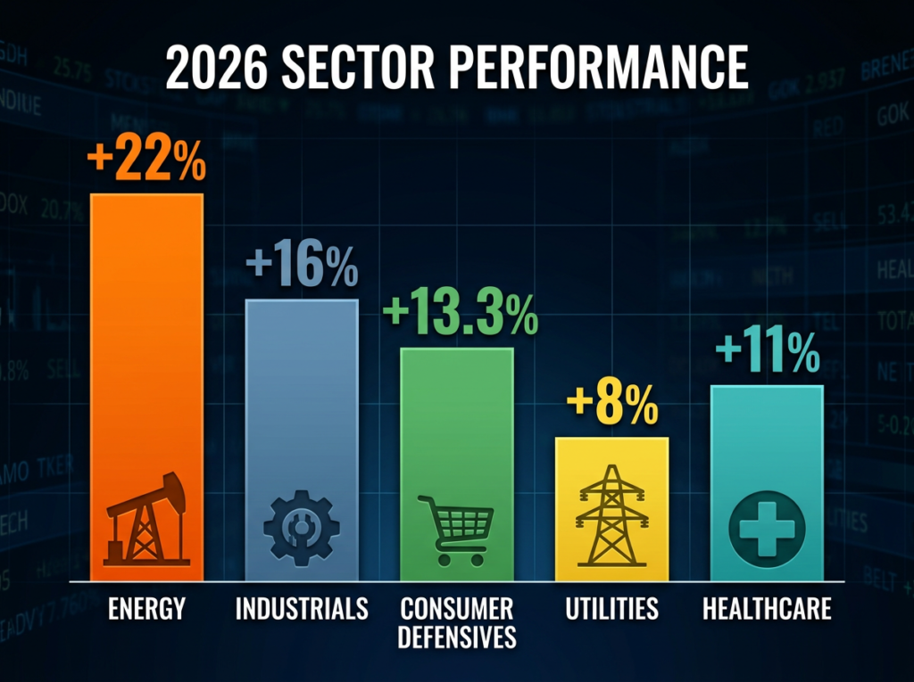 Dark financial infographic bar chart showing five 2026 sector performance figures — Energy plus 22% in orange, Industrials plus 16% in steel blue, Consumer Defensives plus 13.3% in green, Utilities positive in yellow, Healthcare recovering in teal — each with matching industry icons representing the 2026 Wall Street sector rotation.