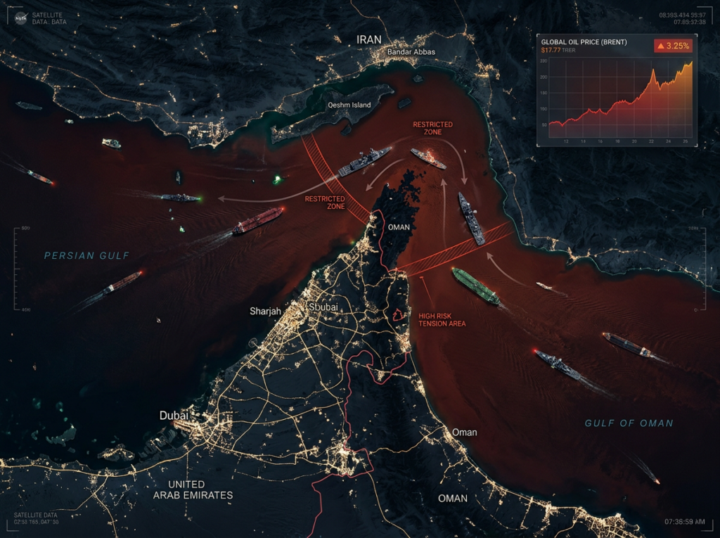 Aerial satellite view of the Strait of Hormuz showing military tension with oil tankers and warships amid the US-Iran conflict, with red danger zone lines marking the strategic waterway