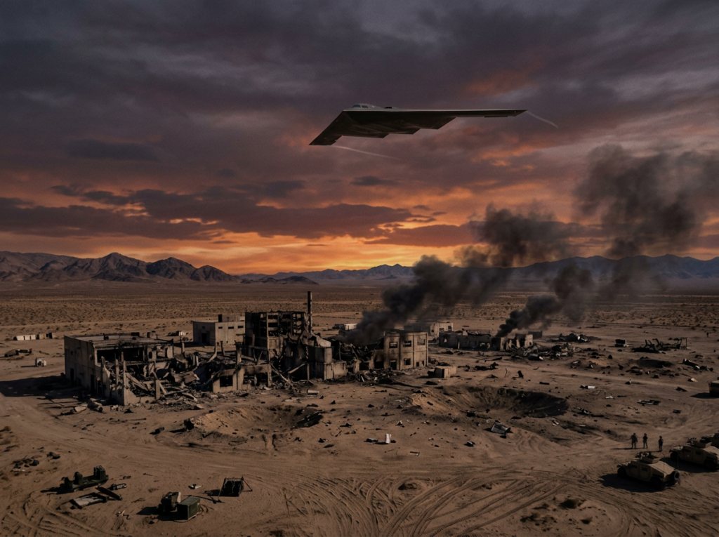 A B-2 Spirit stealth bomber flying over a desert landscape with smoke rising from destroyed Iranian nuclear facilities below after a precision military strike