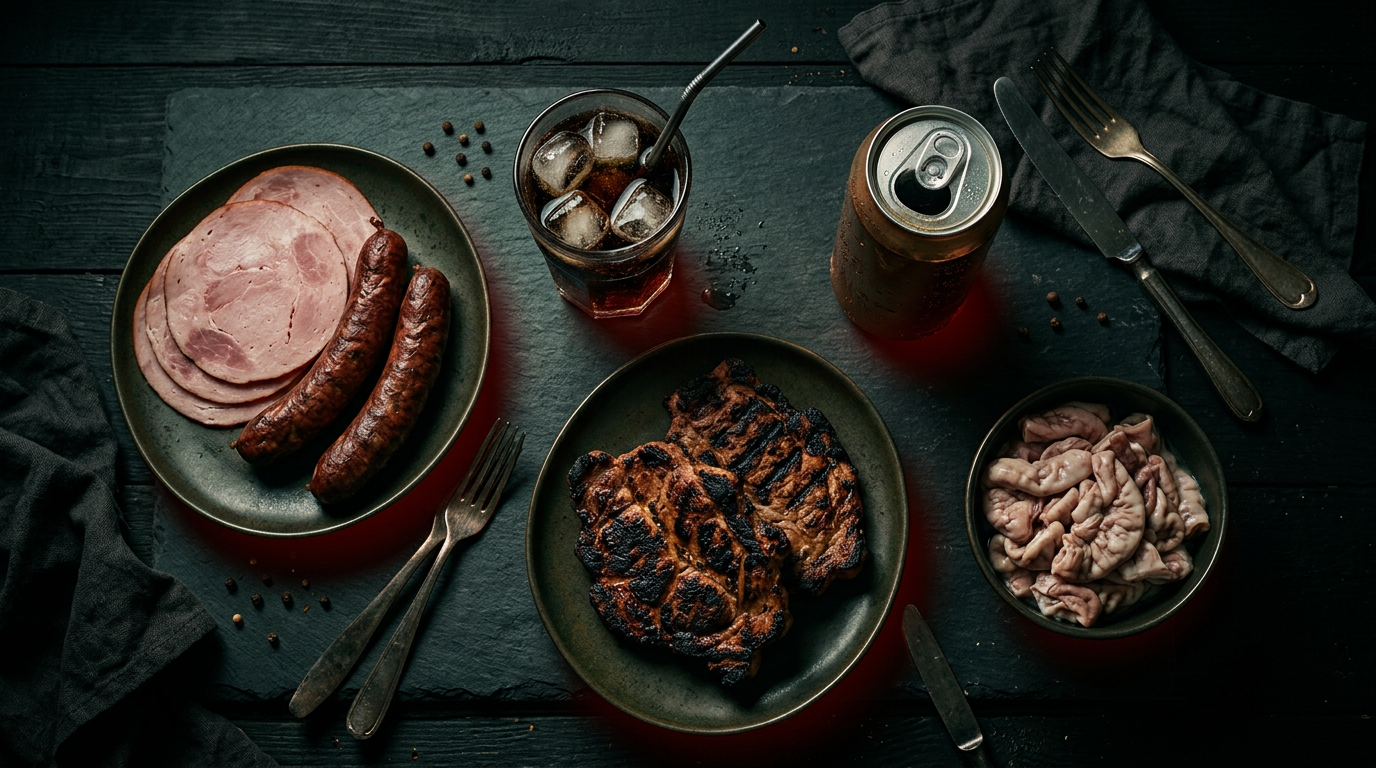 Dark moody cinematic flat lay of five cancer-risk foods including processed ham sausages charred grilled meat soda beer and fatty cuts arranged with subtle red warning glows underneath representing the foods oncologists most consistently flag as promoting cancer growth