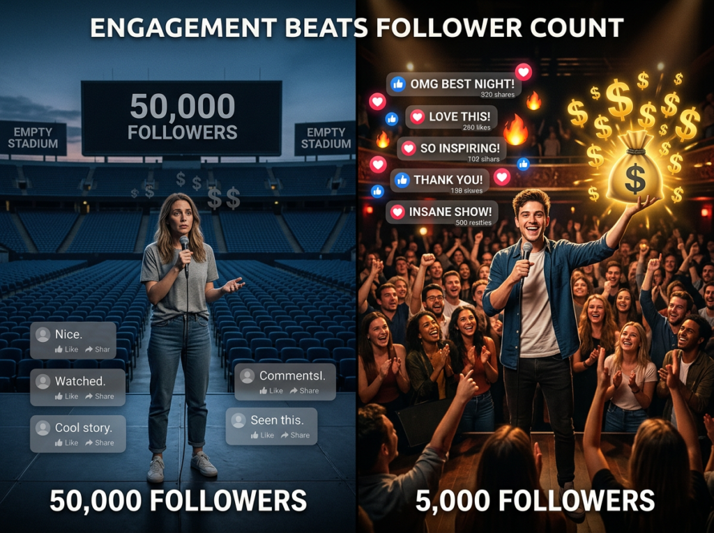 Dramatic split image comparing a content creator with 50000 passive followers showing a dim empty audience and faded earnings on the left, versus a creator with 5000 highly engaged fans showing glowing vibrant notifications and overflowing dollar signs on the right, illustrating why engagement rate beats follower count on Instagram.
