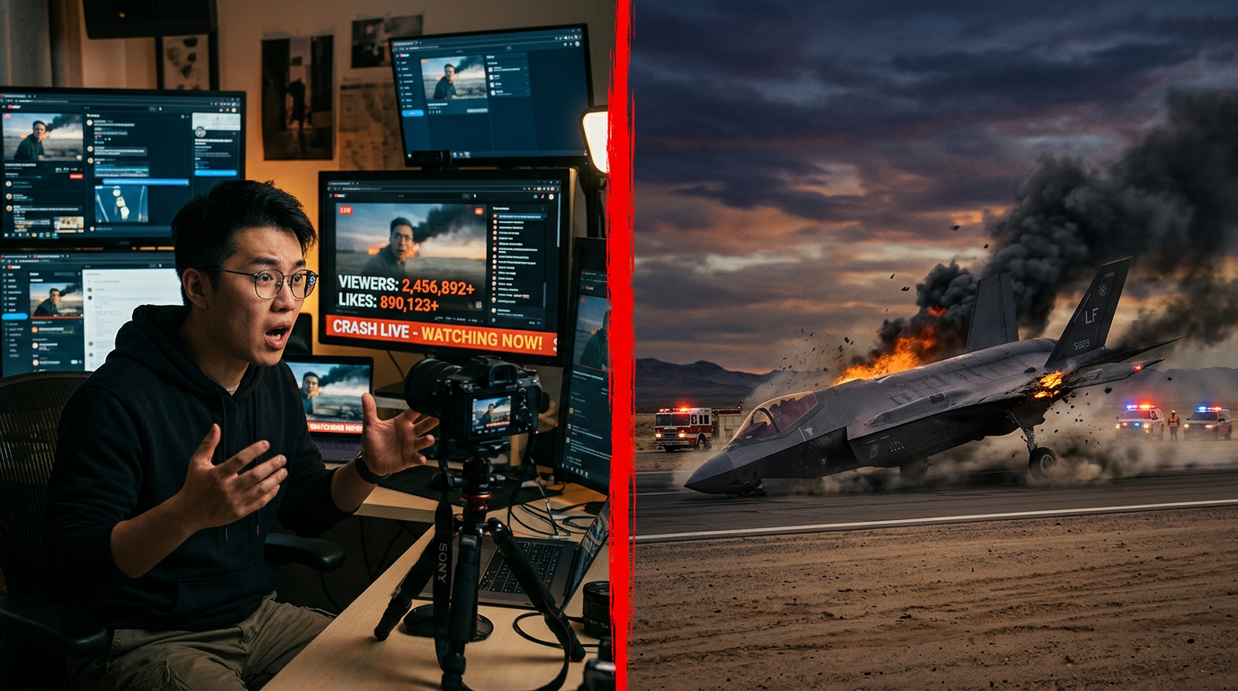 Split screen showing a Chinese engineer recording a social media video on the left and a damaged F-35 stealth jet making an emergency landing with smoke trailing on the right, representing the five-day connection