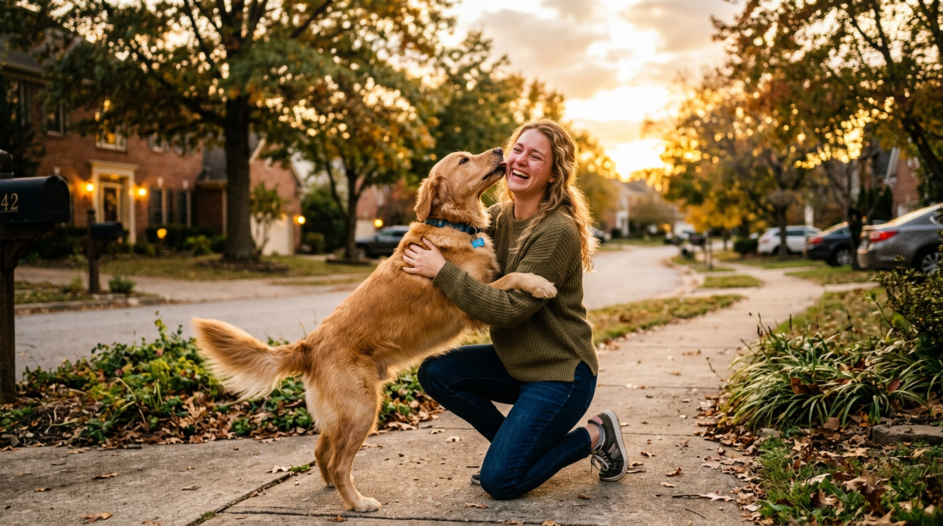Young woman kneeling on a suburban sidewalk at golden hour tearfully reuniting with her golden retriever jumping up to greet her, warm glowing backlight, representing the emotional moment of a lost pet found through AI technology.