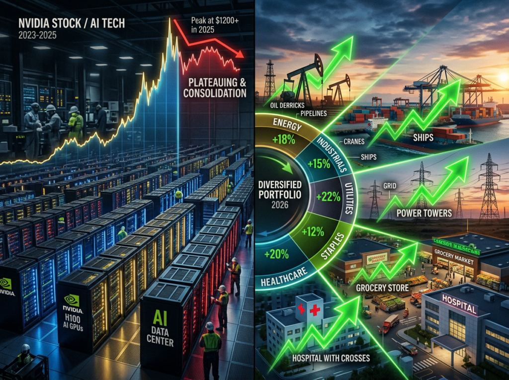 Cinematic split visualization showing a massive AI server farm with a stock chart peaking and plateauing on the left labeled 2023 to 2025, versus a diversified spinning portfolio wheel on the right with energy oil derricks, industrial cranes, utility towers, grocery stores, and hospital crosses all glowing green upward in 2026, representing the sector rotation away from AI concentration.