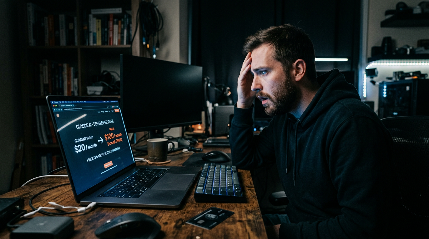 Developer staring with a shocked expression at a laptop screen showing a pricing page with a bold jump from $20 to $100 per month, cold blue screen light in a dark home office, credit card on the desk, representing the Claude Code pricing change shock for developers.