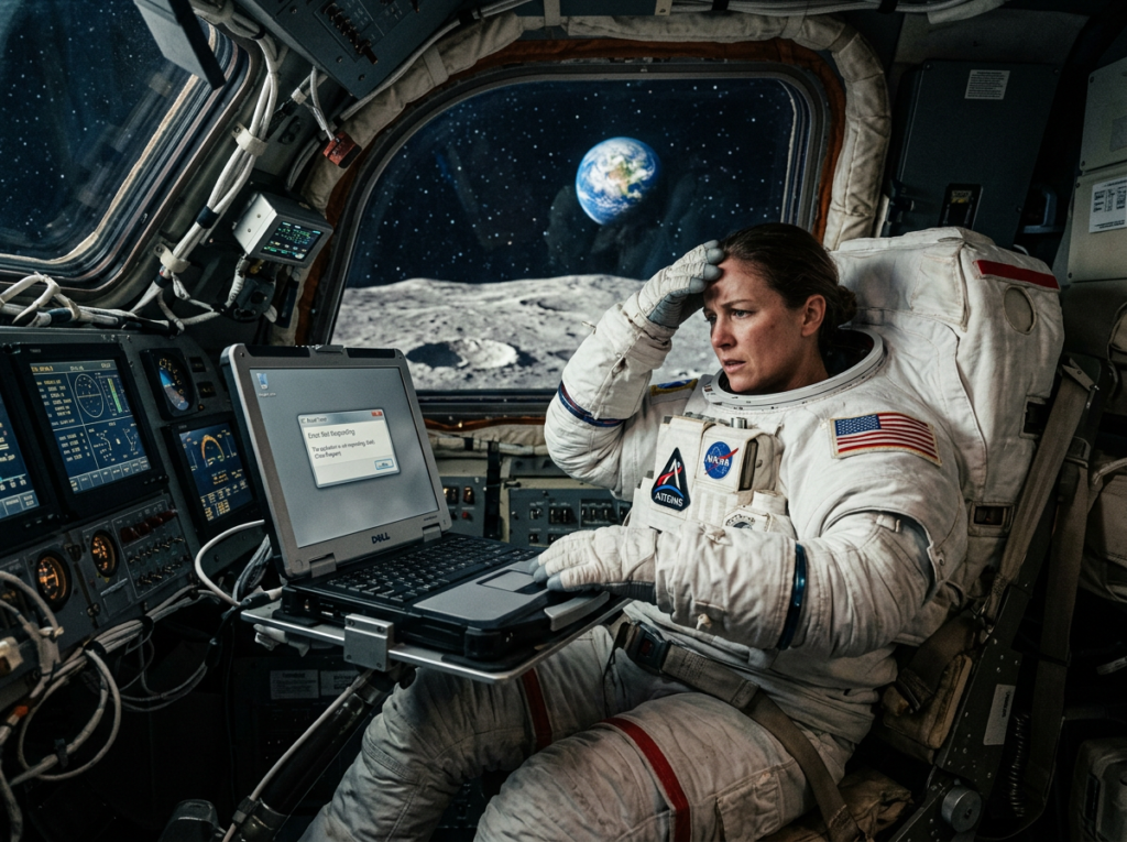 Astronaut in a white NASA spacesuit sitting inside a spacecraft cockpit looking frustrated at a laptop screen showing an application error, with the moon and Earth visible through the window behind