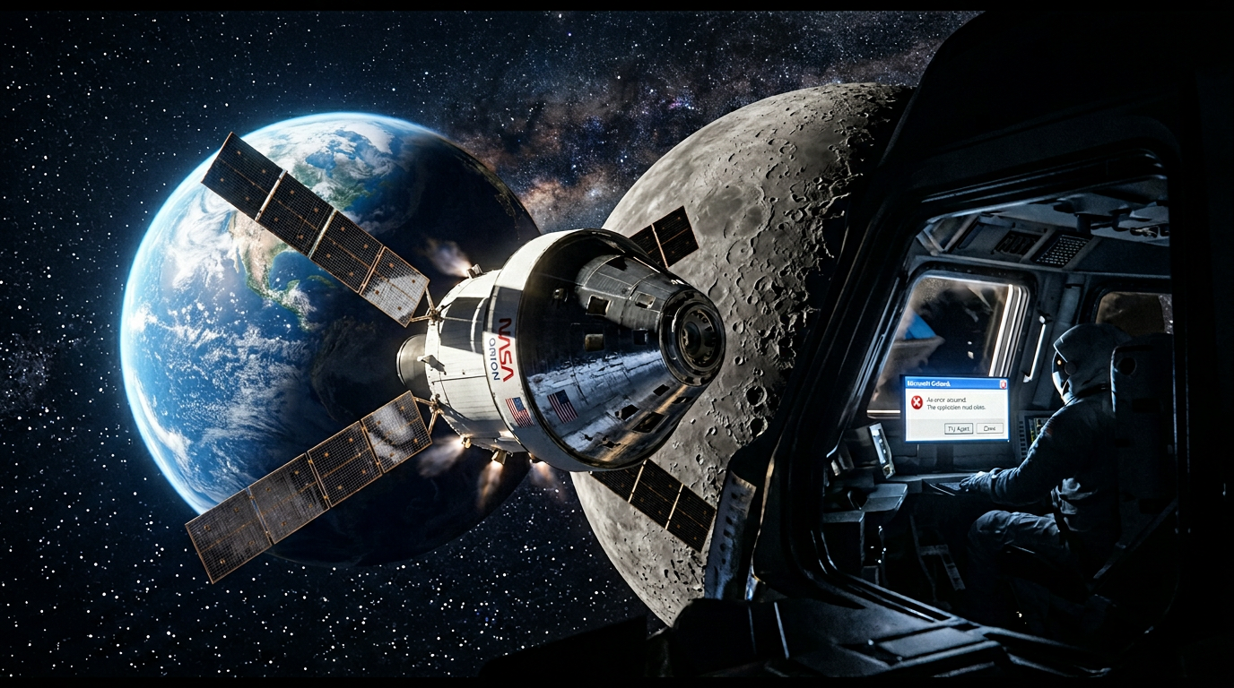 NASA Orion spacecraft flying toward the moon in deep space with an email application error popup visible on a cockpit screen, representing the Artemis II mission tech glitch
