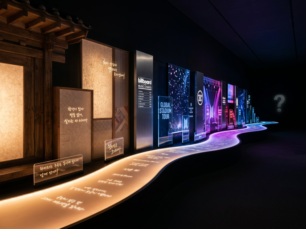 Cinematic glowing timeline visualization showing BTS artistic evolution from Korean traditional elements including hanbok and hanji textures and Korean-language lyrics on the far left, through the Dynamite and Butter English-language turning points in the middle, arriving at a sleek global Western pop aesthetic with English Billboard charts on the right, ending with a glowing question mark representing uncertainty about BTS's cultural identity.