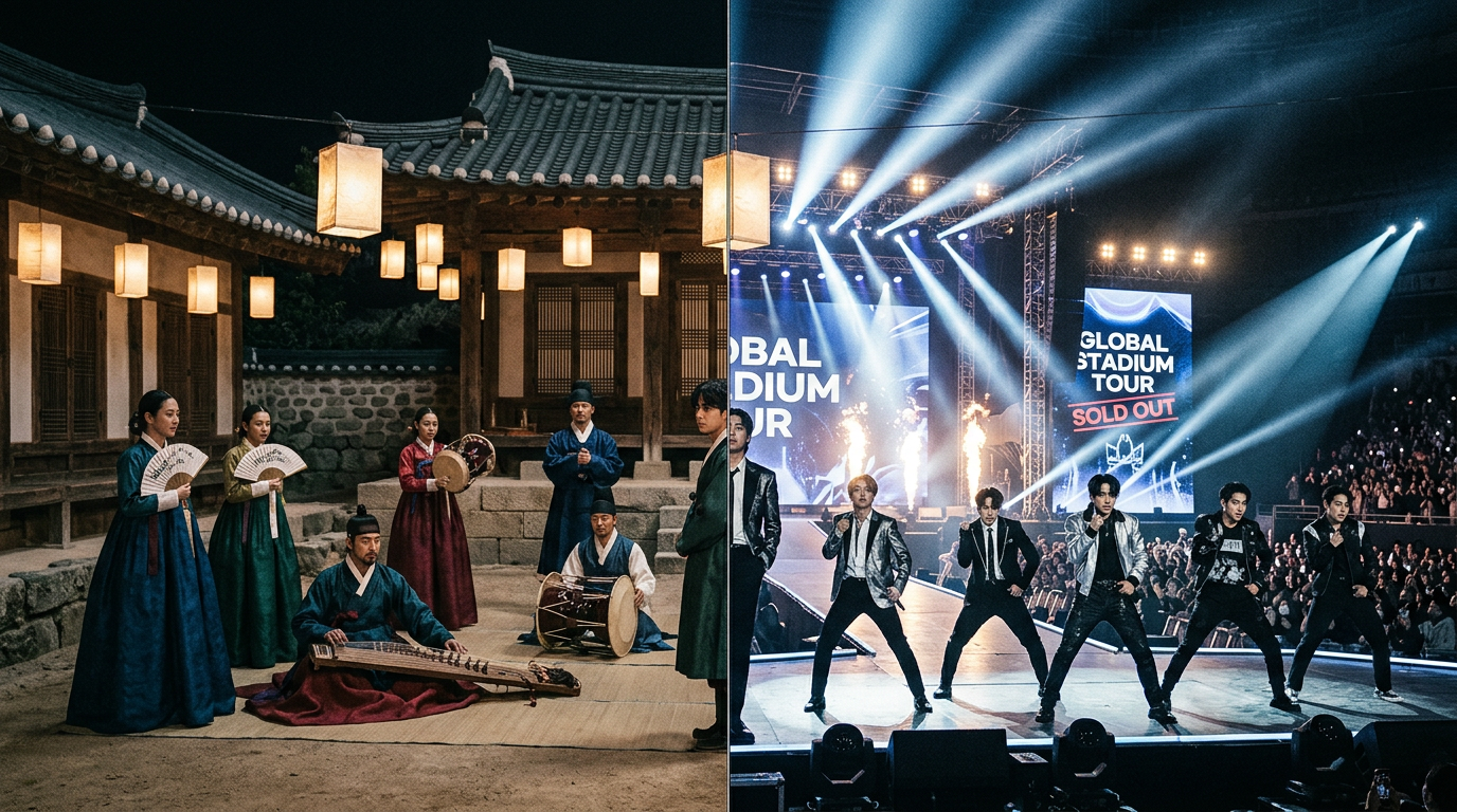 Dramatic split-scene composition showing a traditional Korean folk performance with hanbok and hanji textures on the left and a massive modern Western stadium K-pop concert with English signage on the right, divided by a glowing symbolic line representing BTS identity tension between Korean roots and global pop ambitions.