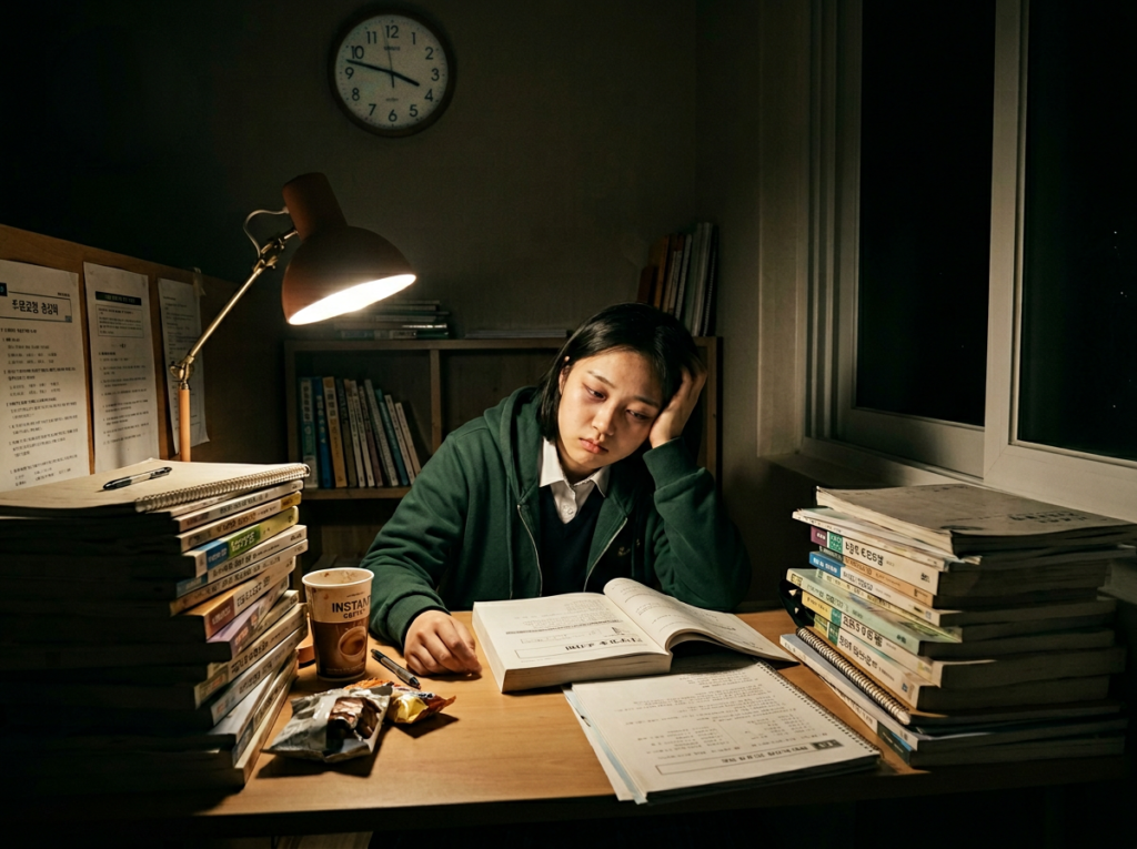 Korean high school student sitting exhausted at a study room desk at 4 AM surrounded by towering stacks of textbooks, dark circles under eyes, clock on wall showing 4 AM, representing sleep deprivation in South Korea exam culture