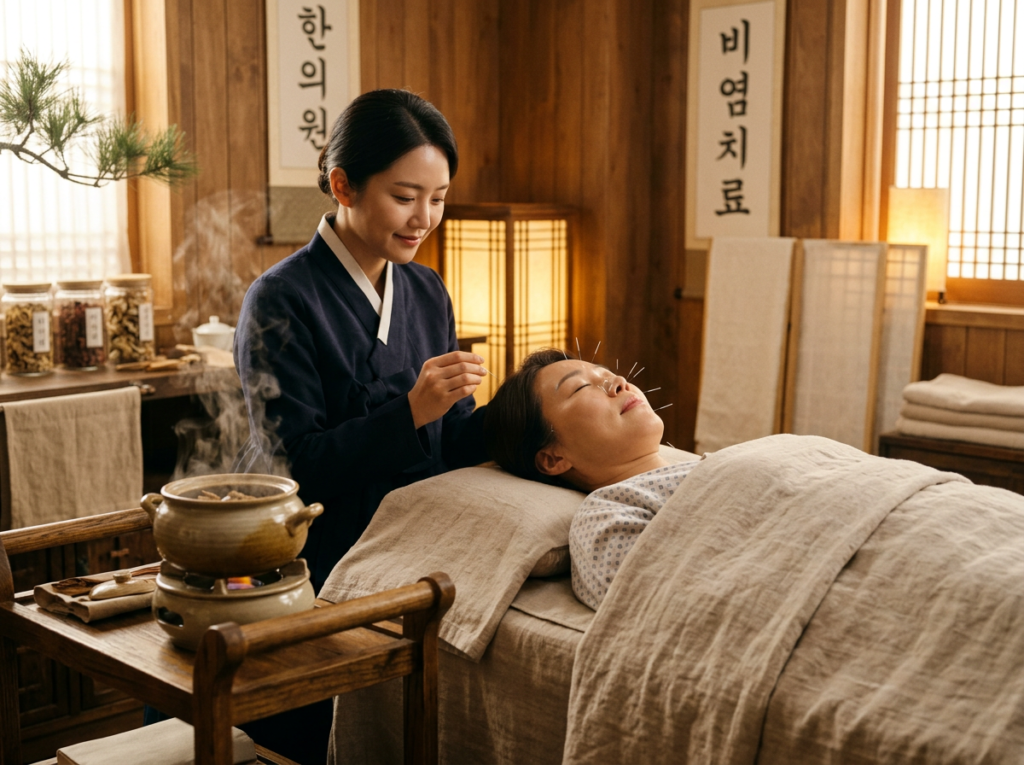 Patient reclining peacefully receiving acupuncture needles around the nasal area and face in a warm golden Korean medicine clinic with herbal preparation steaming nearby representing integrated whole-body treatment approach for chronic rhinitis