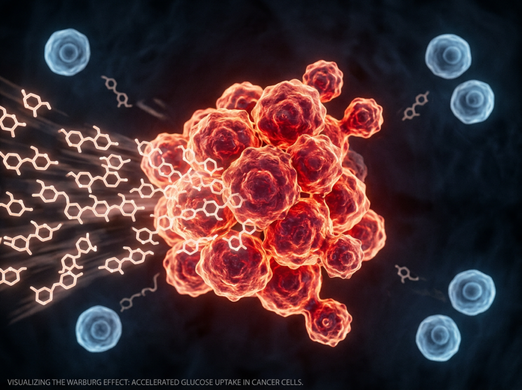 Scientific visualization of aggressive glowing red and orange cancer cells multiplying rapidly as glucose molecule chains rush toward them like fuel while pale blue healthy cells appear starved nearby representing how cancer cells absorb sugar tens of times faster than normal cells