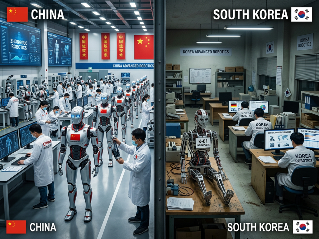 Split image comparing a gleaming Chinese robotics lab with multiple advanced humanoid robots in formation on the left versus Korean engineers searching foreign catalogs with an unfinished robot prototype on the right, representing the robotics gap