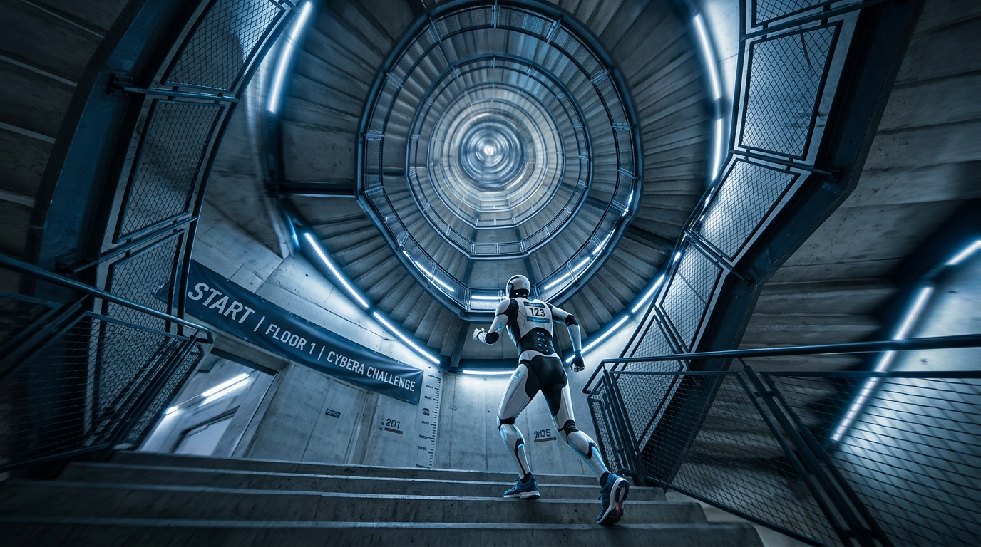 Sleek white humanoid robot in running gear standing at the bottom of a skyscraper stairwell looking up at 123 floors of stairs stretching to a vanishing point, representing robot ROI competing in Lotte World Tower stair climb