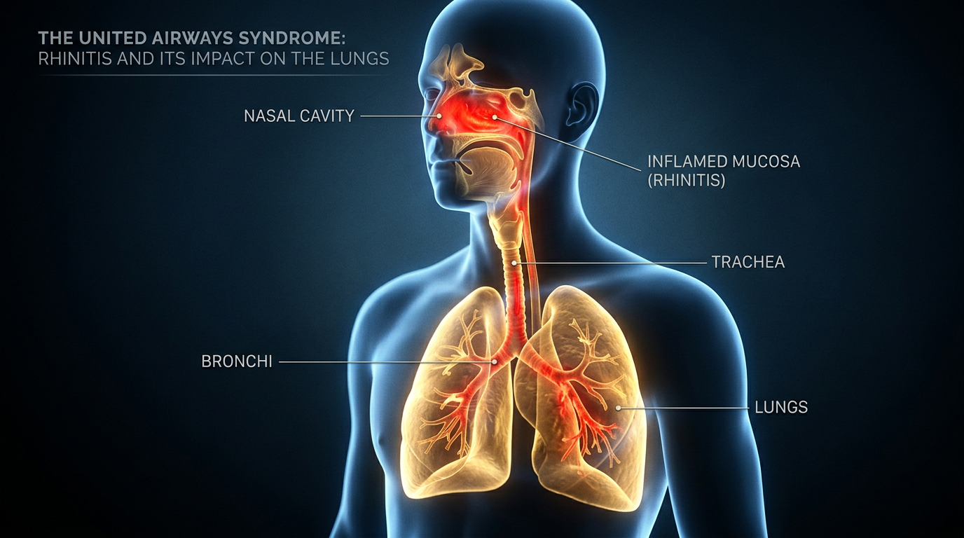 Cinematic medical visualization of a glowing human silhouette showing the nasal cavity bronchi and lungs as one connected airway system with inflammation flowing downward from inflamed nasal mucosa into the lungs representing how chronic rhinitis silently damages lung health