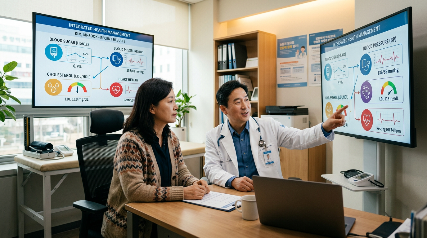 Middle-aged Korean patient sitting across from a doctor in a modern hospital consultation room, doctor pointing at a comprehensive medical chart showing interconnected blood sugar, blood pressure, cholesterol, and heart icons, representing the new integrated diabetes management approach.