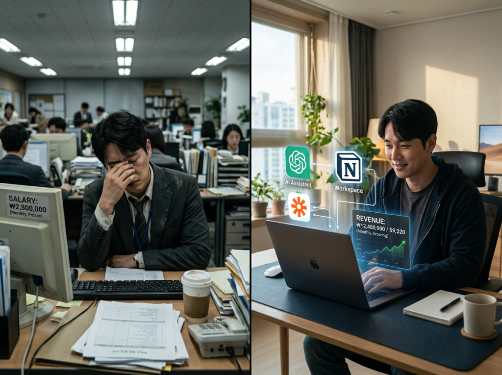 Dramatic split image showing an exhausted Korean office worker in a suit under harsh fluorescent corporate lighting with a frozen salary figure on the left, versus the same person relaxed at home in casual clothes with AI tool icons floating around an open laptop and a rising revenue counter on the right.
