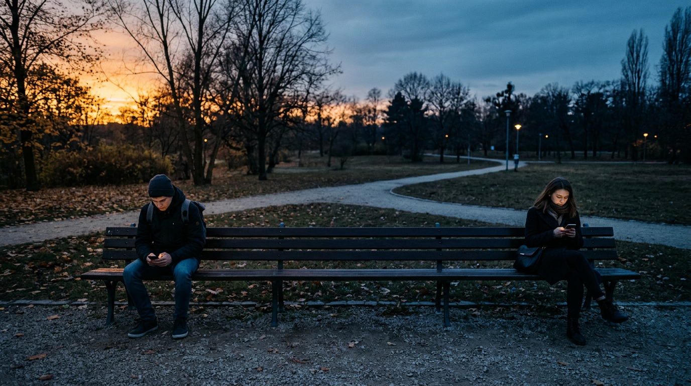 Young man and woman sitting at opposite ends of a park bench at dusk, both staring at their smartphones instead of each other, warm golden light fading to cold blue, symbolizing emotional disconnection and the 2026 American dating recession.