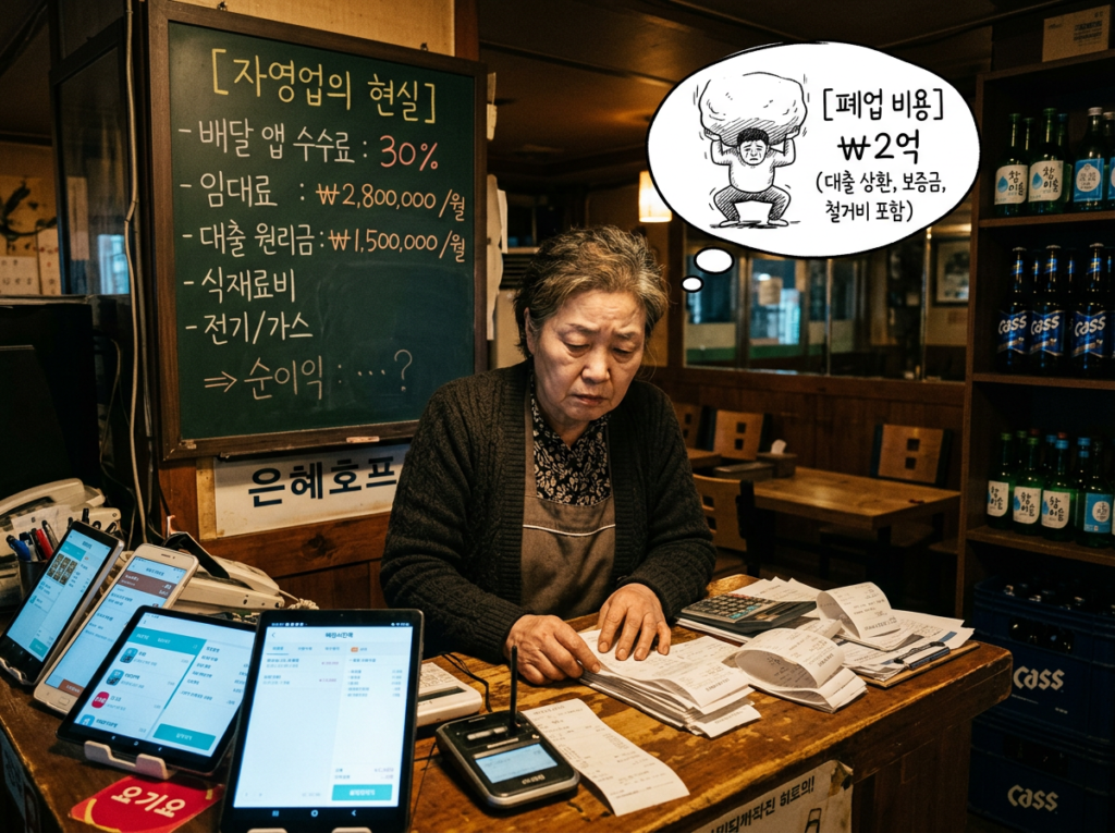 Exhausted elderly Korean woman standing behind the counter of a small empty pub at night, delivery app tablets and receipts piled up, chalkboard showing 30% delivery commission and loan repayment costs, representing the financial trap facing aging Korean self-employed business owners unable to afford closure.