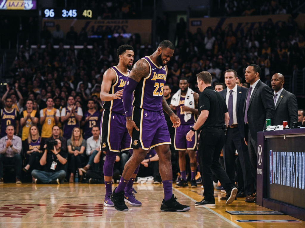 Lakers player in purple and gold uniform grabbing his left hamstring in pain and grimacing while walking toward the sideline, with concerned teammates and coaches looking on, representing Doncic crucial playoff injury