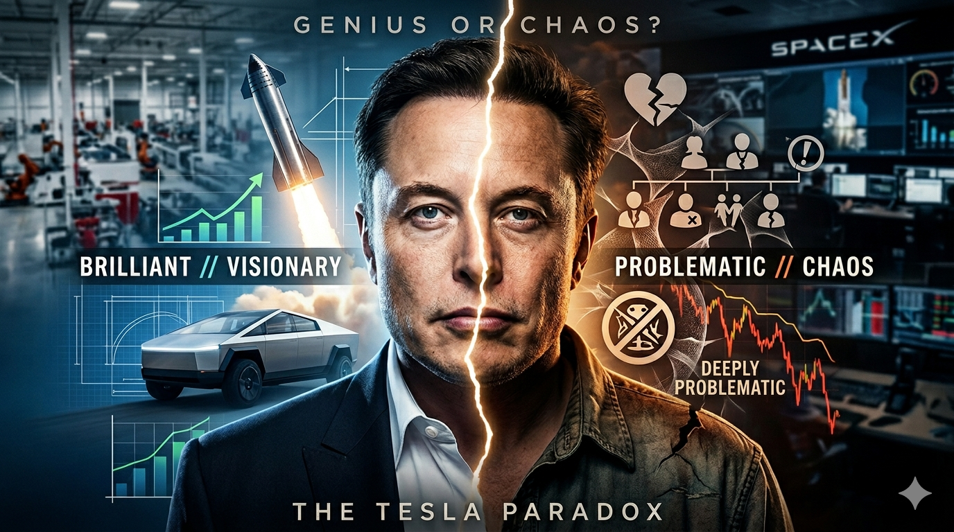 A PNG thumbnail showing Musk's face split between genius and chaos, with Mars and Tesla in the background.