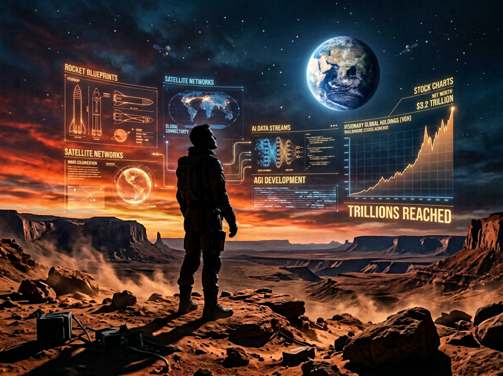 Silhouetted visionary figure standing on a Mars landscape looking up at Earth in the red Martian sky, surrounded by holographic displays of rocket blueprints, satellite networks, and stock charts, representing Elon Musk's trillion dollar ambition