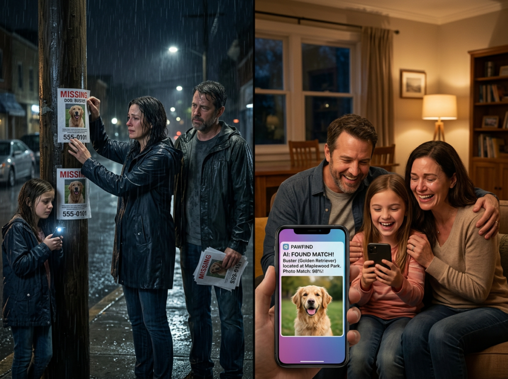 Emotional split scene showing a family exhausted and hopeless putting up missing pet flyers on telephone poles in the rain on the left, contrasted with the same family at home smiling with relief at a phone screen showing an AI pet match alert notification on the right.