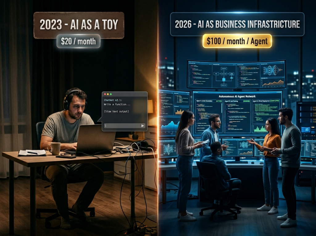 Dramatic split visualization showing a developer with a basic $20 chatbot producing slow simple output labeled 2023 AI as a toy on the left, versus a professional developer surrounded by glowing autonomous AI agent dashboards running complex code with a $100 per month badge on the right, representing the shift from cheap AI tool to serious business infrastructure.