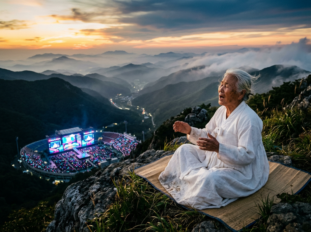 Elderly Korean grandmother in traditional white hanbok singing arirang alone on a mountain ridge at sunset with misty valleys below and a distant modern K-pop concert stadium visible through the haze, representing the emotional and cultural gap between BTS's 2026 album name and its English lead single Swim.