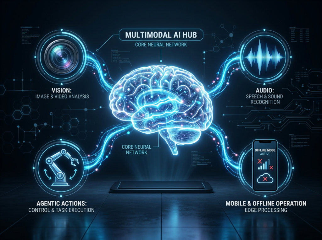 Glowing holographic AI brain connected by neon blue energy lines to four surrounding icons representing vision, audio, agentic actions, and offline mobile operation, visualizing Google Gemma 4's multimodal capabilities