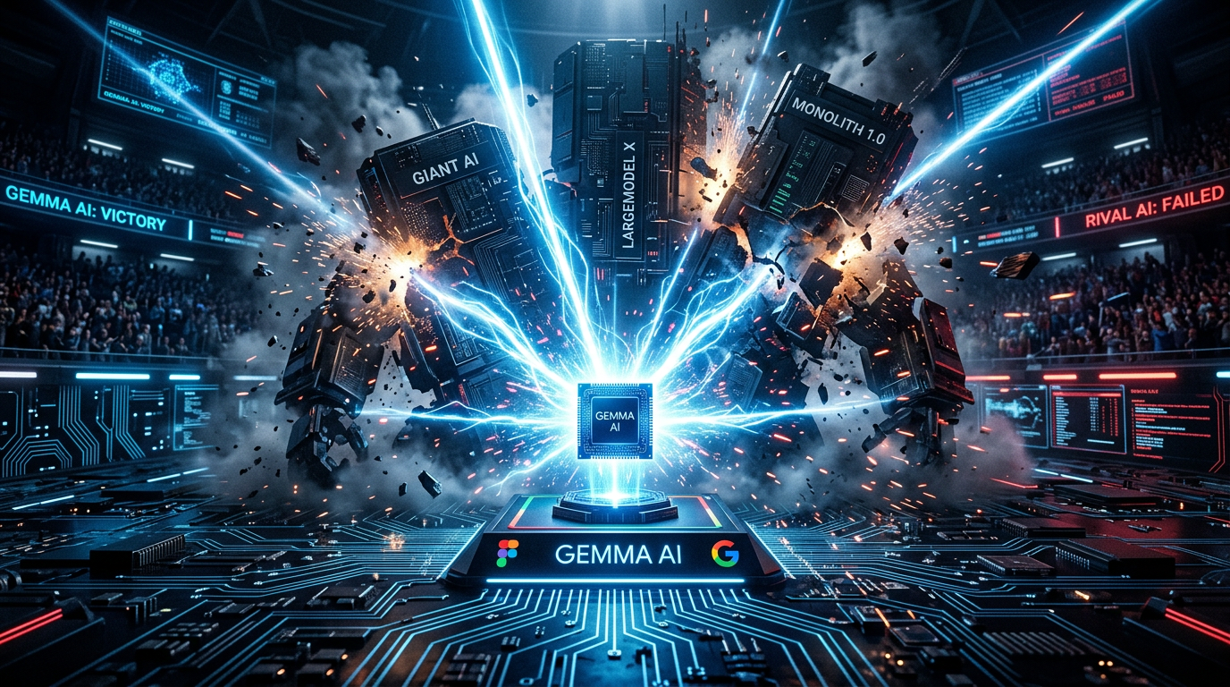 Compact Google Gemma AI chip radiating intense energy beams overpowering much larger rival AI model structures in a futuristic battle arena, representing Gemma 4 outperforming models 20 times its size
