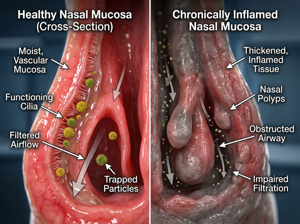 Split medical cross-section comparison showing healthy nasal mucosa on the left with moist elastic red tissue filtering pollen particles versus chronically inflamed mucosa on the right with dry shrunken swollen polyps narrowing the airway and failing to filter particles