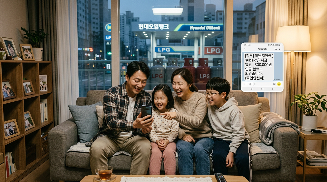Korean family of four sitting together at home smiling at a smartphone showing a government subsidy payment notification, representing the high oil price relief fund
