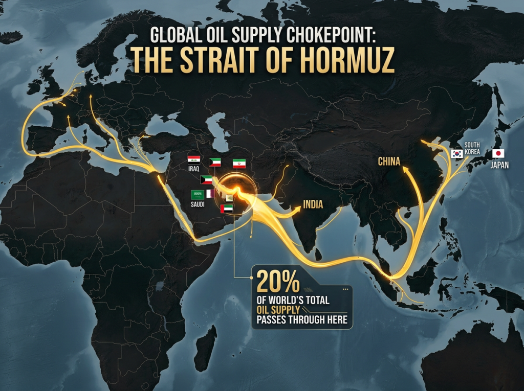 Dark world map showing a massive glowing golden oil pipeline flowing from the Persian Gulf through the Strait of Hormuz and spreading to Japan South Korea China India and Europe representing how 20 percent of the global oil supply passes through this single critical chokepoint