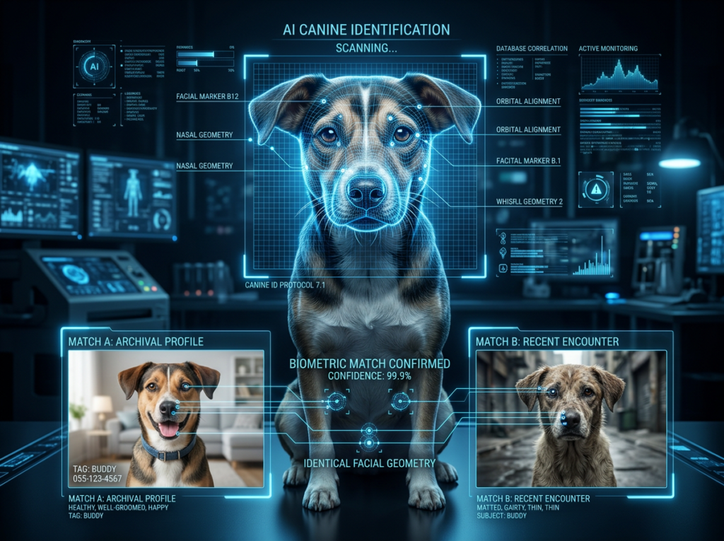 Futuristic AI facial recognition interface with blue holographic grid lines scanning a dog's face, mapping biometric markers like nose shape and eye structure, with side-by-side comparison of the same dog looking healthy at home versus thin and matted as a stray, connected by glowing matching lines showing the AI still identifies them as the same animal.