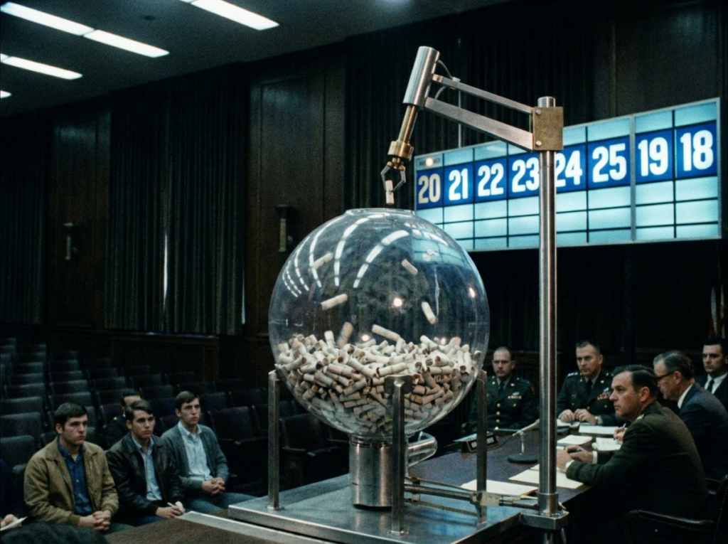 Cinematic visualization of a massive glass draft lottery sphere filled with glowing date capsules being mechanically drawn one by one surrounded by an age priority timeline showing 20 21 22 23 24 25 19 18 in sequential glowing order inside a cold institutional government chamber