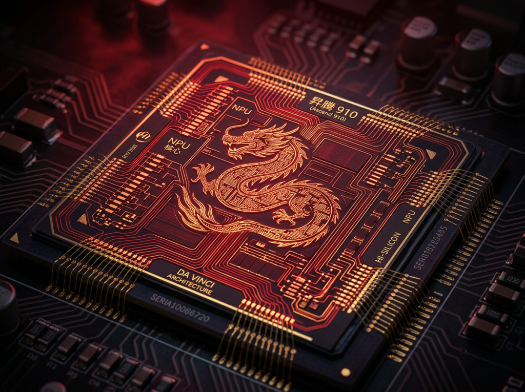 Close-up macro shot of a futuristic AI semiconductor chip glowing in red and gold light, symbolizing Huawei and China's rise in artificial intelligence chip technology