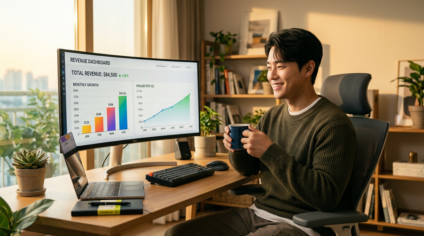 Young Korean professional in casual clothes sitting confidently at a minimal home office desk, laptop open with a revenue dashboard showing rising charts on a large monitor, warm golden morning light and coffee cup beside the keyboard, representing the aspirational solopreneur lifestyle.