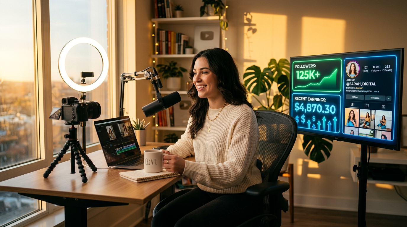 Young female content creator sitting at a modern desk with a ring light and professional camera, golden hour light through the window, Instagram follower counts and dollar sign earnings displayed on a glowing monitor beside her, representing Instagram monetization opportunities in 2026.