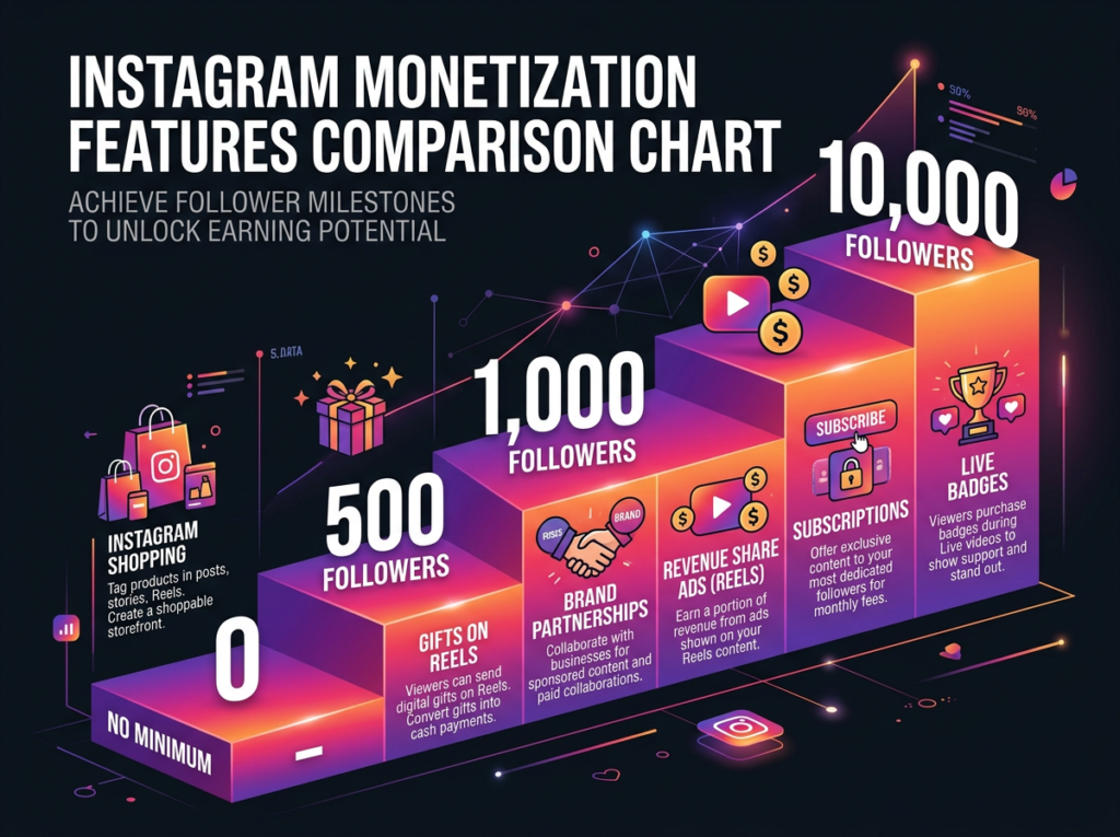 Tiered infographic chart in Instagram purple-pink-orange gradient colors showing monetization features by follower requirement — Gifts on Reels at 500, Brand Partnerships at 1000, Revenue Share Ads and Subscriptions and Live Badges at 10000, and Instagram Shopping with no minimum.
