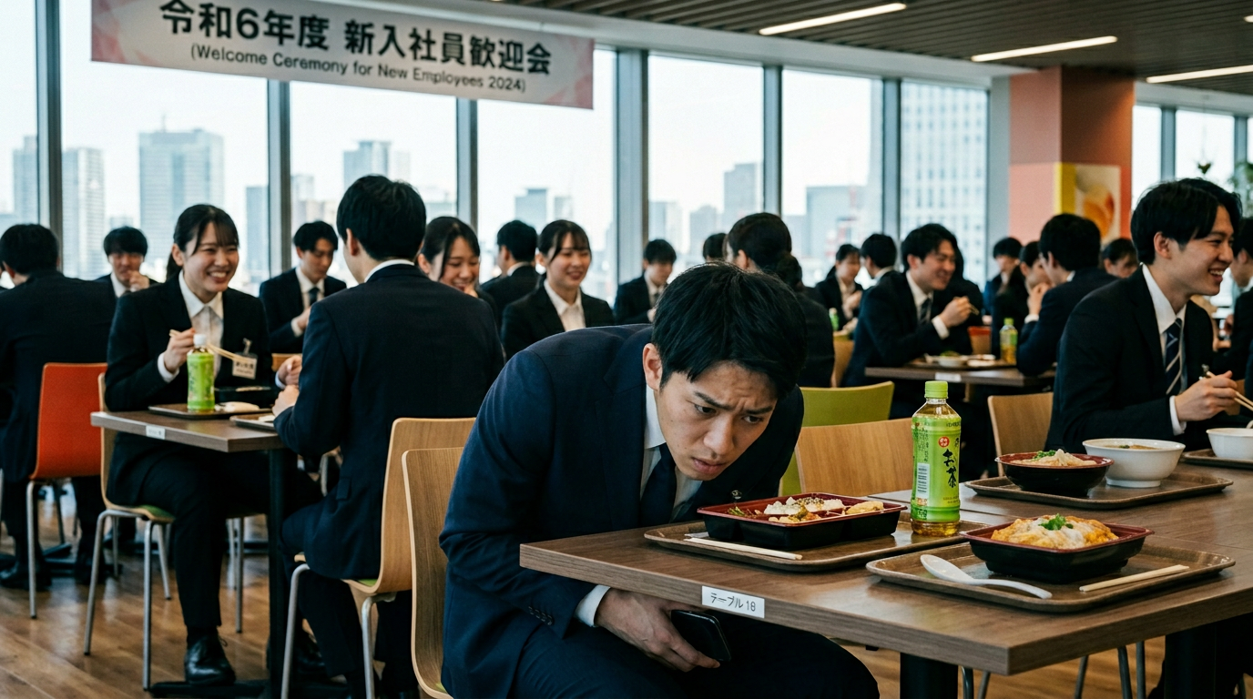 Young Japanese office worker in a new suit sitting alone at a lunch table during orientation, looking anxious while secretly making a phone call, representing Japan's day-one resignation trend