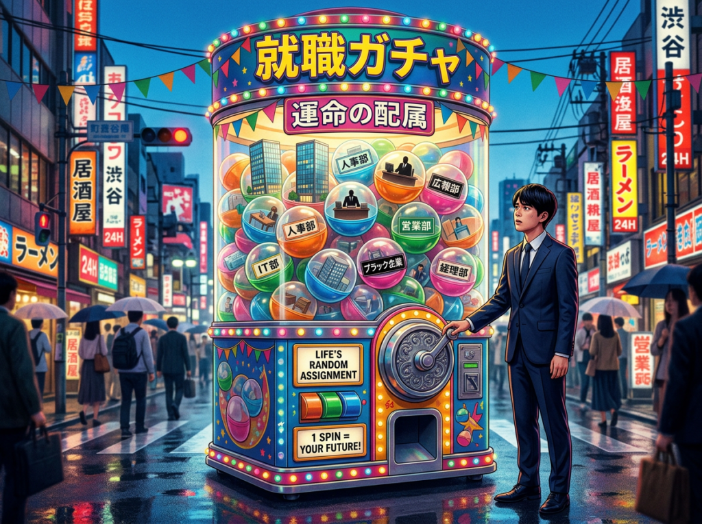 Young Japanese worker in a business suit standing in front of a giant gacha capsule vending machine filled with office buildings and boss silhouettes, symbolizing Japan's Gen Z workplace gacha culture