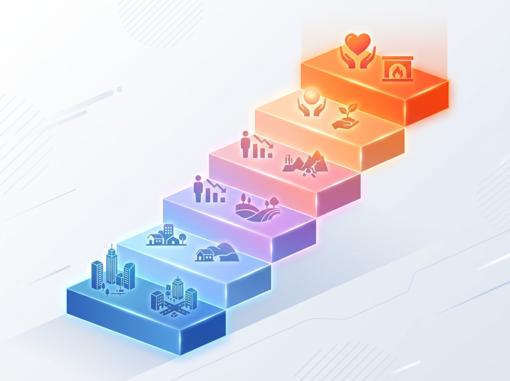Staircase chart infographic visualization showing Korean government subsidy amounts by income tier, ranging from 100,000 won for metropolitan residents to 600,000 won for basic livelihood recipients