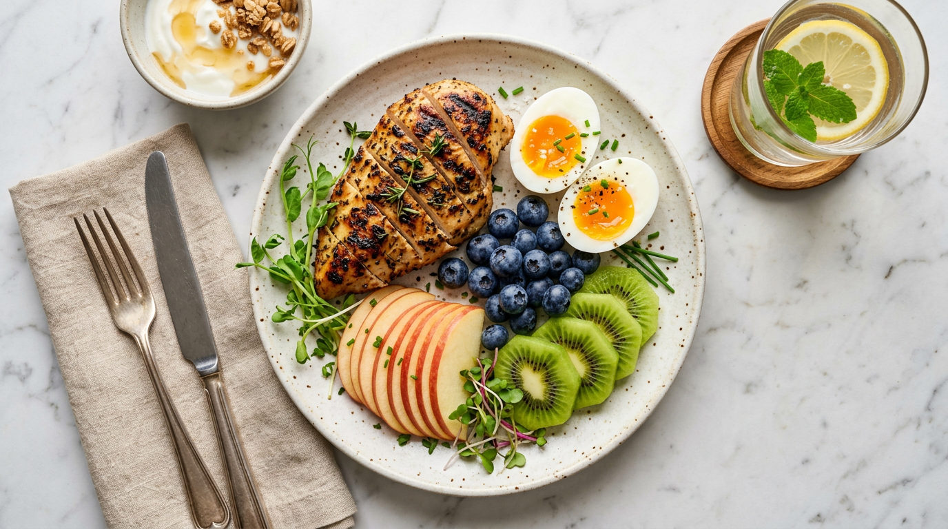 Flat lay food photography of grilled chicken breast, soft-boiled eggs, apple slices, blueberries, and kiwi arranged on white marble, representing the optimal protein and soluble fiber diet combination