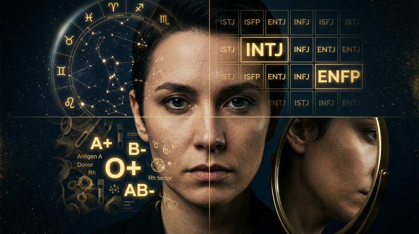 Surreal portrait of a face split into four quadrants overlaid with zodiac star maps, MBTI letter grids, blood type symbols, and a mirror reflection, representing the psychology of personality typing
