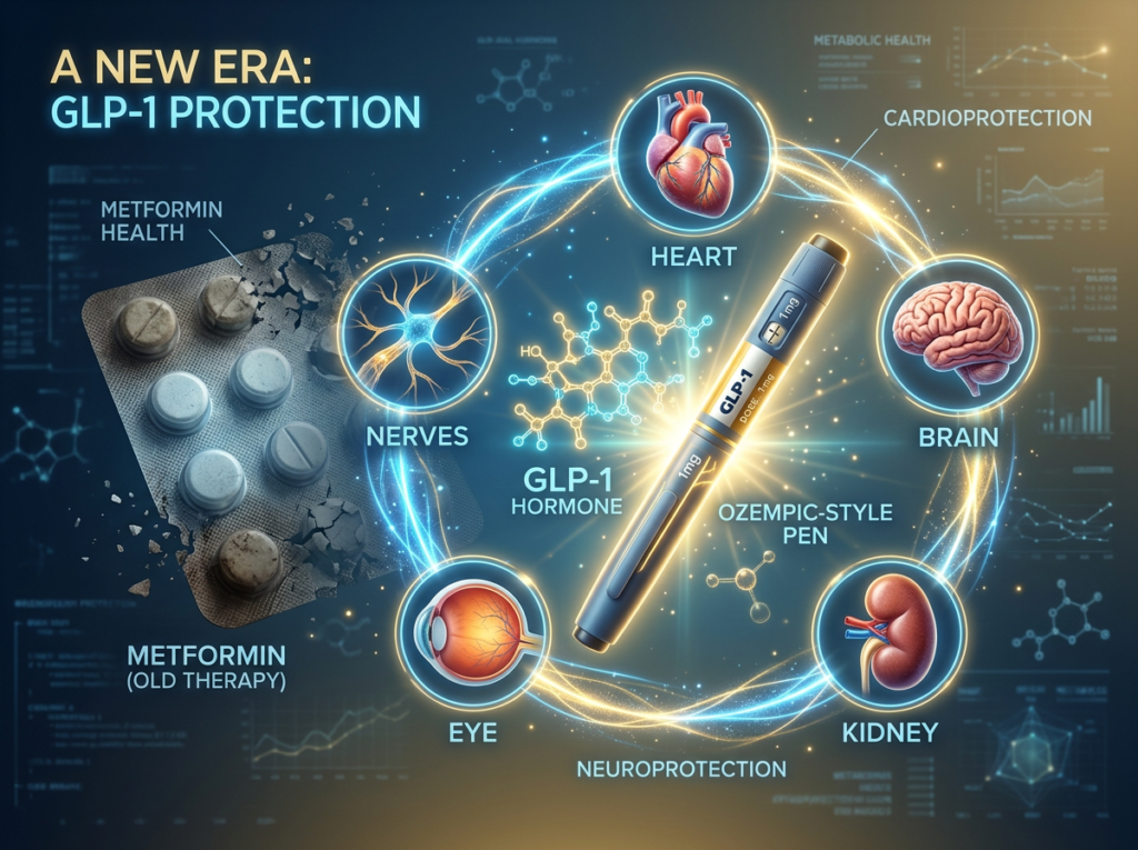 Futuristic medical visualization of a glowing GLP-1 hormone molecule and injection pen at the center surrounded by five protected organ icons — heart, kidney, eye, nerve, and brain — connected by luminous energy lines, with a fading metformin pill in the background representing the shift in diabetes treatment guidelines.