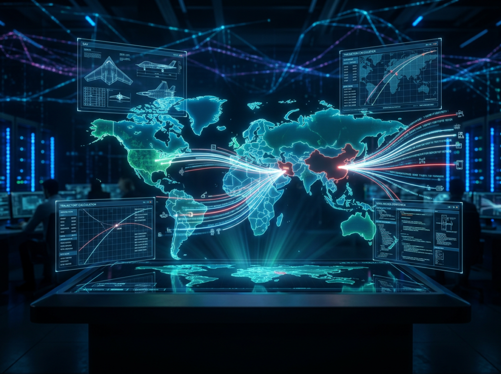 Glowing digital world map showing military schematics, GPS coordinates, and missile trajectory data flowing freely from China to Iran and the Middle East, representing the spread of open-source military knowledge online
