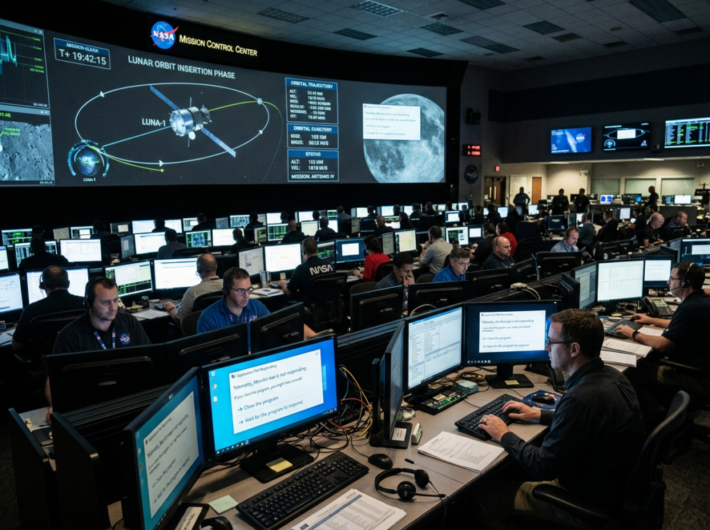 NASA mission control center with engineers at workstations showing lunar orbit trajectory on large screens, while a small monitor in the foreground displays an application not responding error window