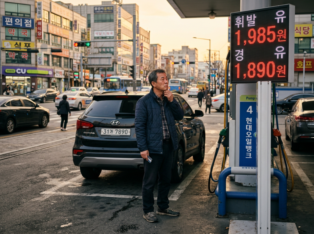 Middle-aged Korean man standing at a gas station looking worried at a high fuel price display board, representing the financial burden of rising oil prices on ordinary citizens